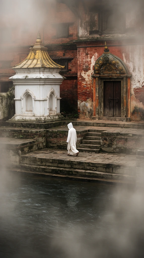 A solitary figure in hooded white robes walks across a weathered stone terrace beside a dark, rippling river. The background features ancient architecture, including aged red brickwork, a bright white stone shrine with arched niches and a golden tiered roof, and a grand, ornate portal with dark wooden double doors. Dense, smoky mist heavily obscures the foreground water and the upper edges of the frame, creating a soft, dreamlike vignette. Diffused atmospheric lighting emphasizes the rich textures of the decaying masonry and the ethereal, historical mood of the riverside scene.