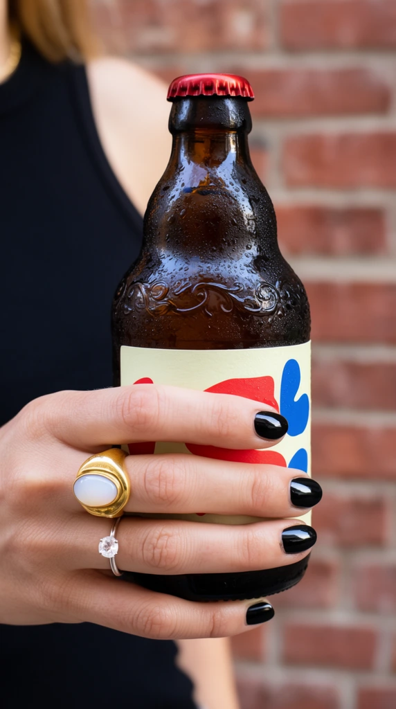 A close-up photograph of a hand holding a chilled, stubby brown glass bottle covered in crisp condensation. The dark bottle features a red metal cap, embossed glass flourishes, and a pale cream label with abstract red and blue shapes. The person wears a black sleeveless top, their fingers displaying glossy black nail polish, a chunky gold ring with a milky white oval stone, and a thin silver ring with a clear faceted gem. A softly blurred red brick wall forms the background, establishing a shallow depth of field. Natural daylight creates bright specular highlights across the wet glass and polished jewelry.