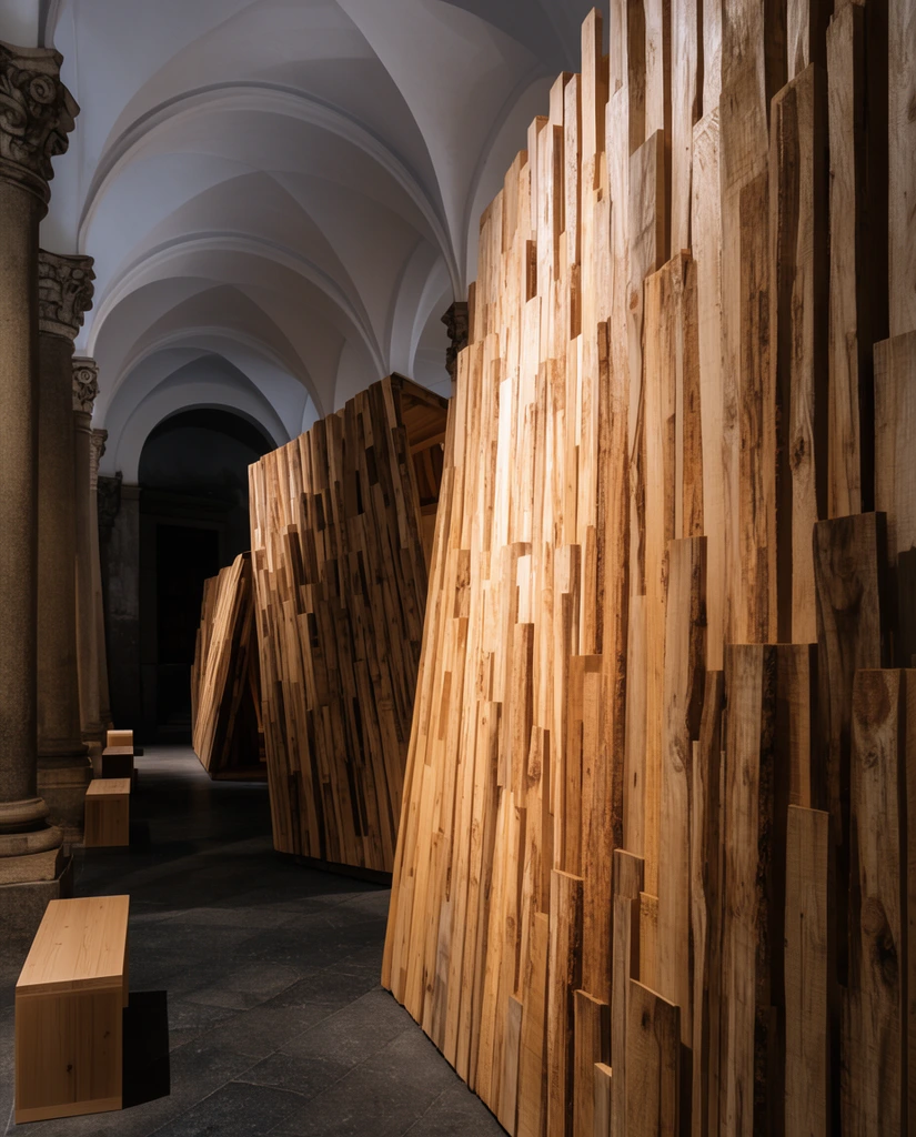 A towering installation of staggered vertical raw wood planks occupies a classical corridor with white vaulted ceilings and ornate stone columns. Minimalist wooden benches sit on a dark stone floor beside the angular wooden enclosures. Warm directional lighting highlights the textured wood grain against the cool, shadowy historic architecture in a deep perspective composition.