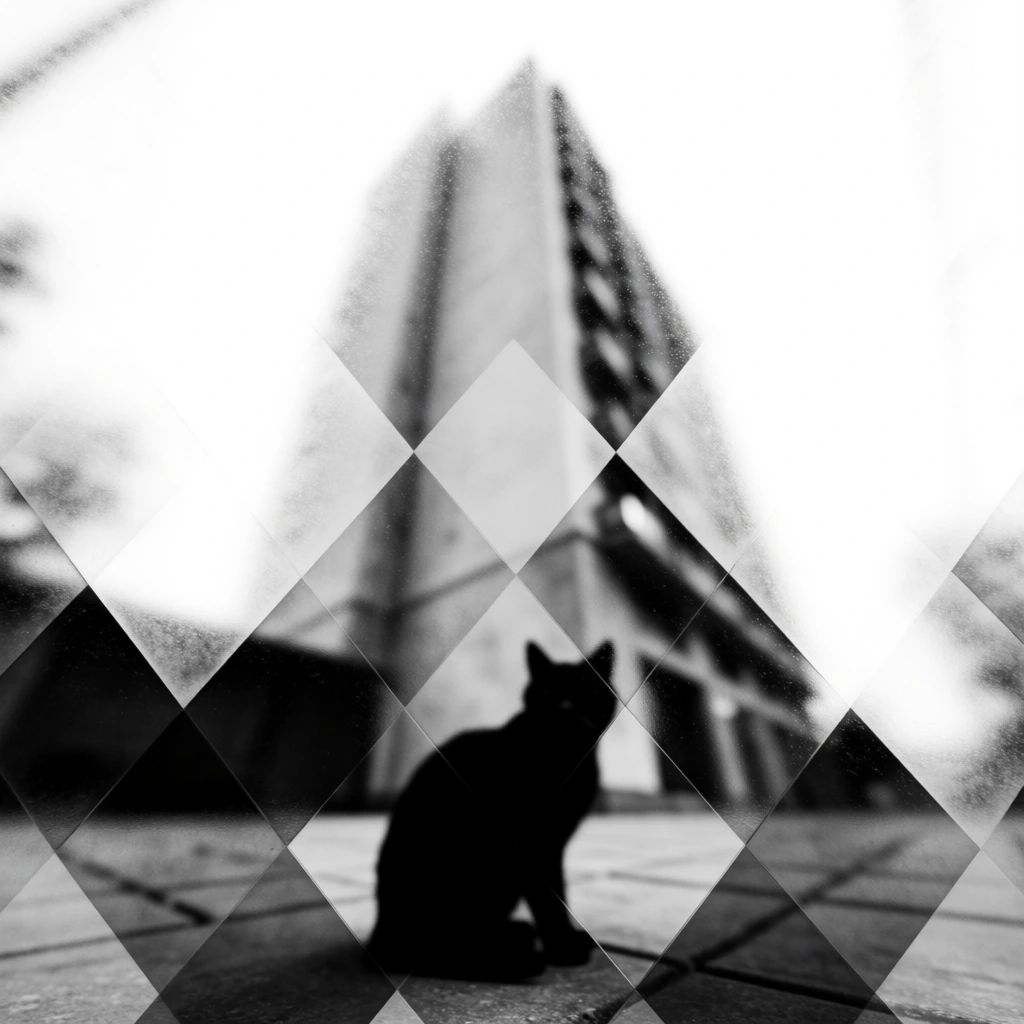 worm's-eye view looking through a translucent diamond-patterned surface, high-contrast monochrome aesthetic, minimalist black and white, solid black silhouette of a cat sitting on pavement, towering blurred silhouette of a building facade reaching into a white void, ethereal grainy grey textures, soft motion blur, harsh backlighting, graphic composition, sharp focus on the cat's outline, abstract shadows, fine cross-hatch grid, minimalist avant-garde photographic style.