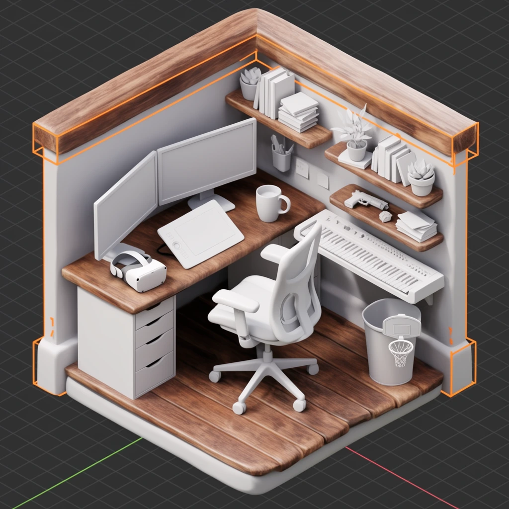 Isometric 3D rendering of a compact workspace over a dark grey grid background. The scene contrasts untextured matte white objects with photorealistic brown wood floors and an L-shaped wooden desk. The desk holds dual monitors, a drawing tablet, a VR headset, and a mug. A white office chair sits centrally. Nearby rests an electronic keyboard and a trash can with a miniature basketball hoop. Floating wooden shelves display books, plants, and a toy pistol. Orange geometric selection lines highlight the wall edge.