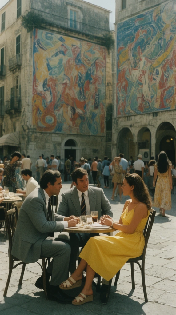 Two men in grey suits at a patio table conversing with a woman in a yellow sundress, bustling Mediterranean plaza, large abstract murals, vintage 35mm film, cinematic lighting