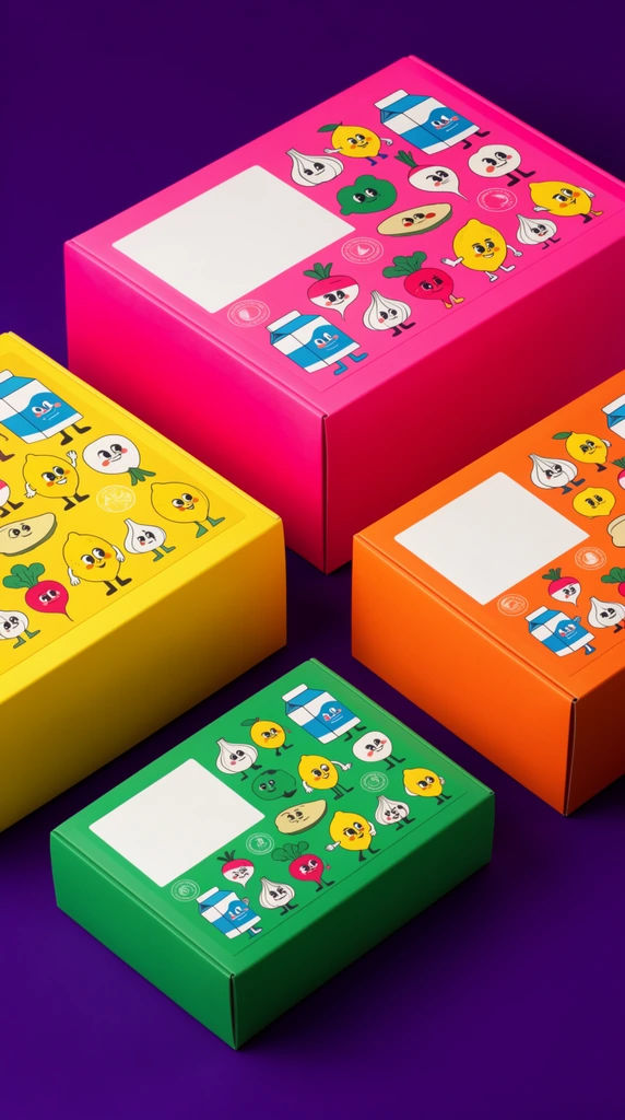 four rectangular boxes on a solid deep purple surface, vibrant hot pink, yellow, orange, and green packaging in varying proportions, top surfaces featuring playful retro cartoon illustrations of anthropomorphic food characters like lemons, garlic, radishes, and milk cartons, flat white rectangular design panels, small circular graphic icons, isometric angle, clean studio lighting, soft drop shadows, high contrast color blocking, smooth matte finish, vibrant pop art aesthetic