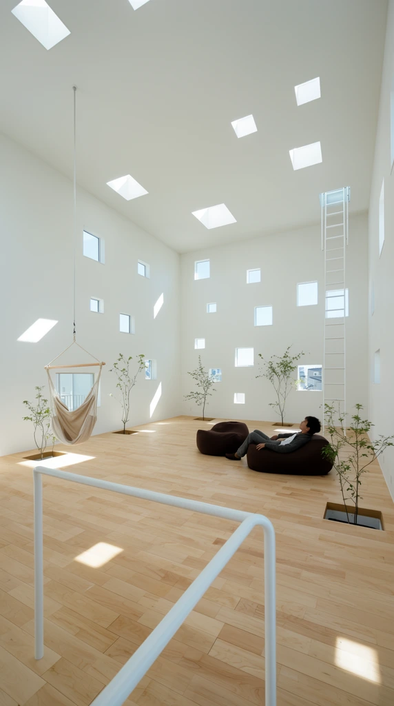 spacious minimalist interior, stark white walls and ceiling with randomly scattered small square windows, light wood flooring, person lounging on dark brown beanbag chairs, bright natural daylight, geometric square light patches on the floor and walls, delicate green saplings growing directly from small square floor cutouts, hanging beige canvas hammock chair, white metal ladder extending to a ceiling hatch, white tubular railing in foreground, wide-angle architectural photography, clean contemporary aesthetic
