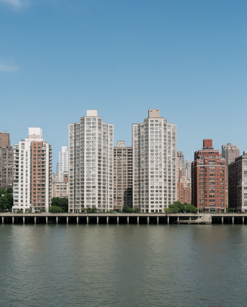 A dense urban skyline stretches across a wide river under a clear blue sky. Varied high-rise buildings in shades of white, beige, and brick-red line the waterfront, featuring central residential towers resting on a long, pillar-supported concrete platform at the water's edge. Small green trees dot the lower promenade. Calm, rippling grey-green water fills the expansive foreground. This realistic landscape photograph uses natural daylight and a wide-angle perspective to emphasize the sharp architectural geometry.