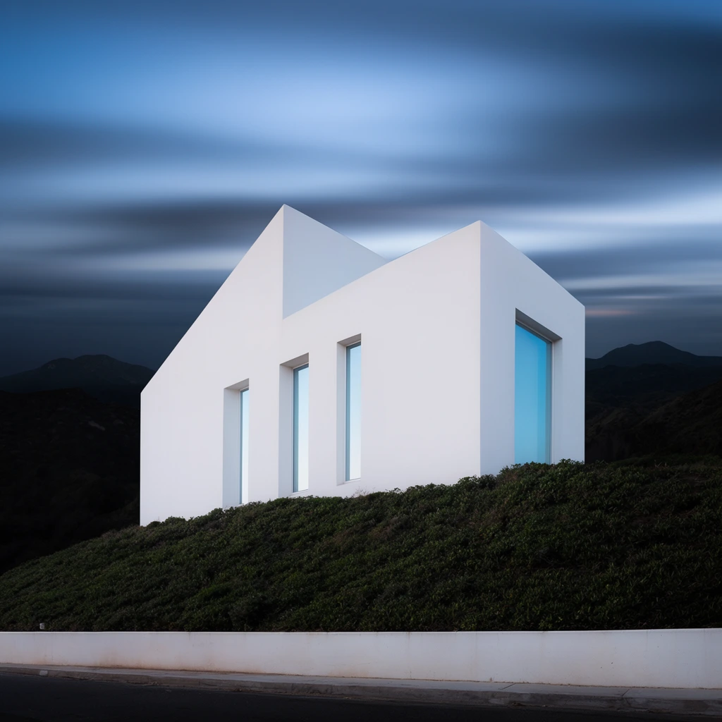 A stark white, minimalist architectural structure rests on a sloped hillside densely covered in dark green vegetation under a dramatic twilight sky. The geometric building features sheer flat walls, sharp angular rooflines, and three tall, narrow recessed windows with reflective light blue glass. A low white retaining wall and a dark paved street anchor the foreground. Behind the pristine architecture, dark shadowed mountain ridges contrast against an ethereal sky defined by smooth, long-exposure horizontal cloud streaks in deep blues and greys. Soft, highly even lighting on the structure creates a surreal, liminal composition, emphasizing the intense contrast between the glowing pristine geometry and the moody, underexposed natural landscape.
