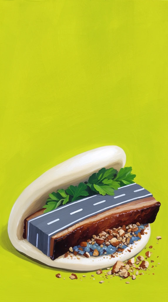 A surreal acrylic painting of a folded steamed bun holding a thick slab of dark brown pork belly whose top edge seamlessly transforms into a grey asphalt highway with white dividing lines. Bright green leafy herbs tuck under the top fold of the pillowy white bun, while a textured mixture of crushed brown nuts and blue-grey relish spills from beneath the meat, leaving scattered crumbs on the surface. Set against a flat, vibrant chartreuse background with subtle brushstroke textures, the bottom-weighted composition isolates the whimsical pop-surrealist object in the lower third, emphasizing stark color contrasts and an expansive void of yellow-green negative space above.