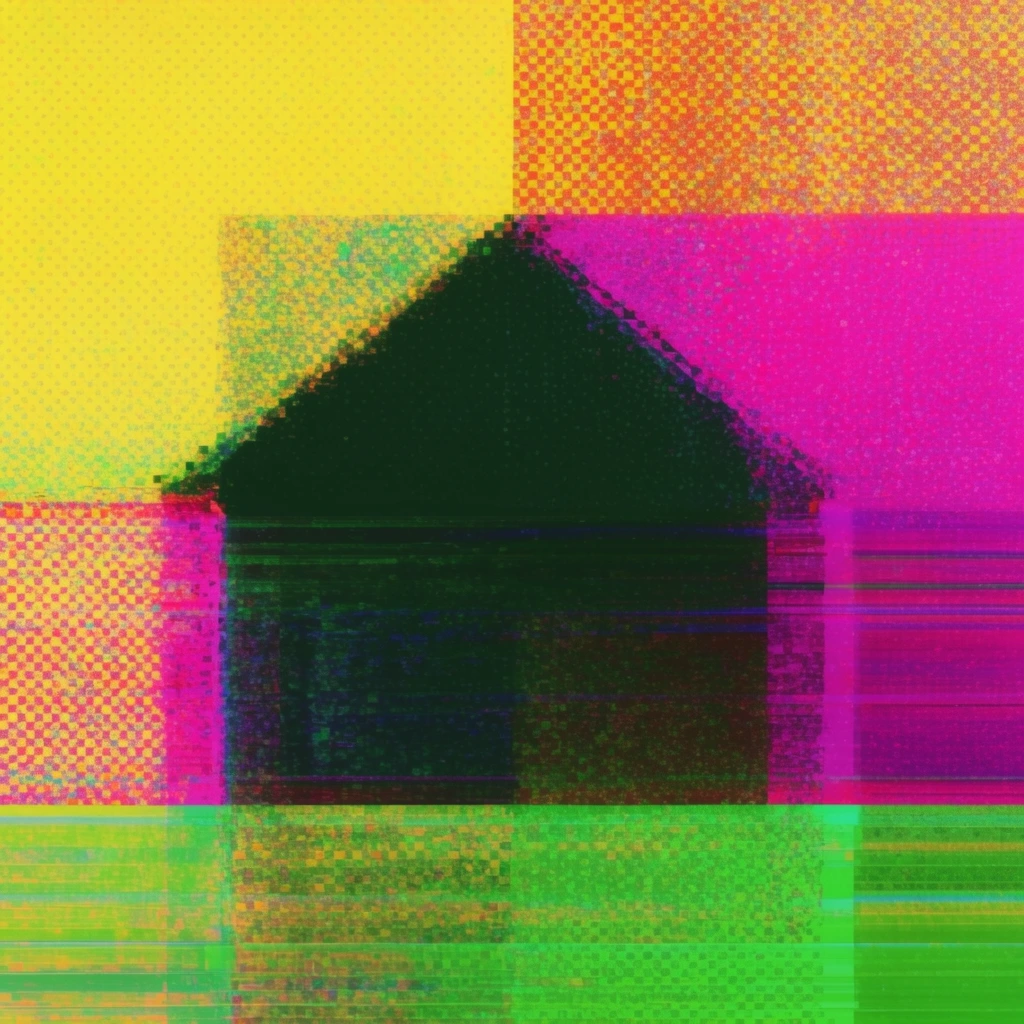 An abstract digital glitch composition featuring a shadowy house silhouette fragmented by bold geometric color blocks. The dark green pitched-roof shape is embedded within intersecting grids of vibrant yellow, magenta, and neon green rectangular fields. A dense pixelated halftone pattern and horizontal scanlines overlay the scene, resembling a vivid, high-contrast malfunctioning CRT display.