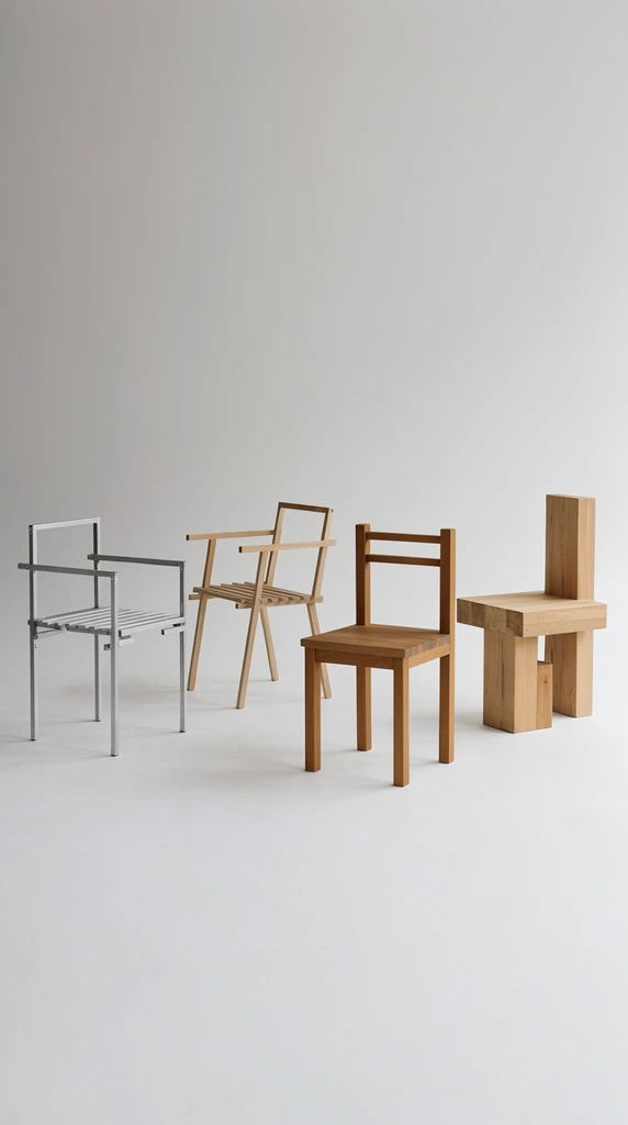Four geometrically distinct minimalist chairs are staggered across a seamless white studio cyclorama. The leftmost chair features an industrial silver metal frame with a slatted seat and thin square-profile beams. Beside it sits a similar slatted design crafted from light wood with angled armrests. The third chair presents a rigid, medium wood construction with thick square legs and a horizontal double-bar backrest. On the far right stands a brutalist light wood chair composed of heavy, asymmetrical rectangular blocks. Soft, diffused lighting casts gentle shadows on the pristine floor, highlighting the architectural contrast between the delicate skeletal frames and the massive solid volumes.