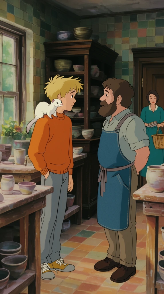 A vintage 2D animated cel of a teenage boy with messy blonde hair and an orange sweater talking to a bearded man in a denim apron. A white ferret sits on the boy's shoulder. They stand inside a sunlit pottery studio with wooden worktables, tiled walls, and heavy cabinets holding ceramic bowls. In the background doorway, a woman in a teal dress carries a woven basket. The scene features soft lighting, a warm earthy color palette, and highly detailed background elements typical of nostalgic hand-drawn animation.