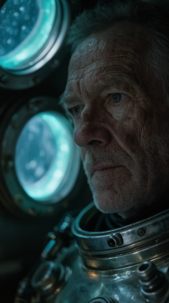 Extreme close-up of a weathered older man in a metallic pressure suit looking intently off-camera. Circular submarine portholes behind him glow with cool bioluminescent cyan light, highlighting rugged facial textures against deep shadows. Cinematic anamorphic framing, shallow depth of field, soft bokeh.