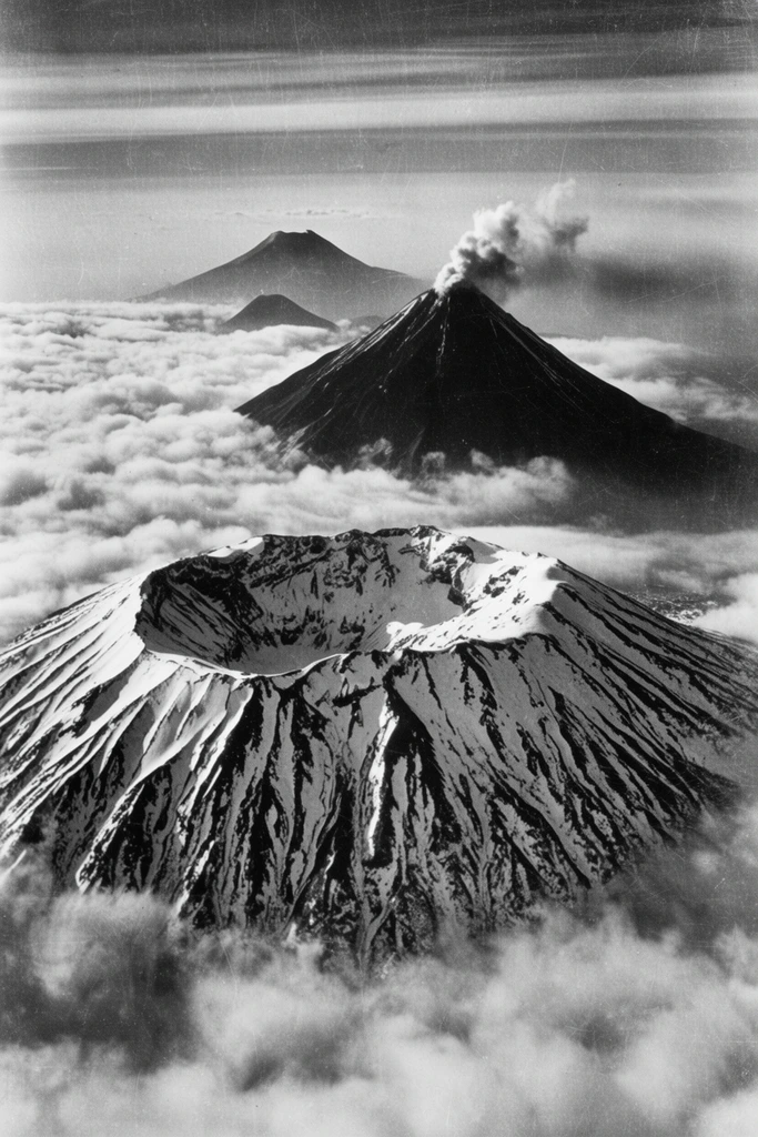 A vintage black and white aerial photograph of three volcanic peaks piercing a dense sea of clouds. A massive, rugged caldera dominates the foreground, its deep ridges highlighted by contrasting snow and dark rock. Behind it, a steep, dark conical volcano emits a thick plume of smoke. A third, lower peak sits in the hazy distance beneath a horizontally layered sky. Distinct film grain and surface scratches texture the stark monochromatic composition, emphasizing the majestic, high-altitude isolation.