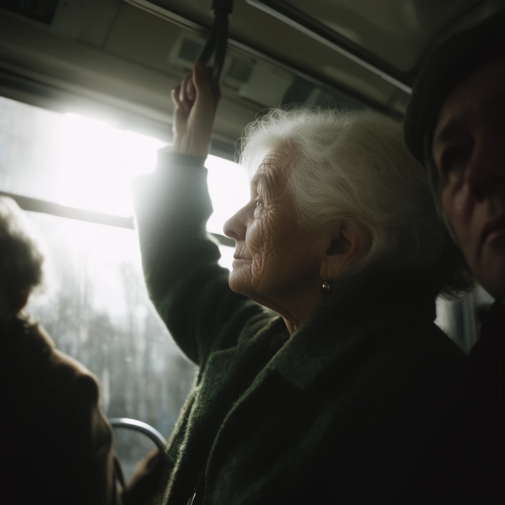 profile of an elderly woman with white hair looking out a bright window on a tram, heavy green wool coat, arm raised holding an overhead handrail, intense blown-out white sunlight outside, deep cinematic shadows inside the carriage, moody muted tones, partial face of a second passenger in heavy shadow on the right edge, blurred figure in the left foreground, high contrast, shallow depth of field