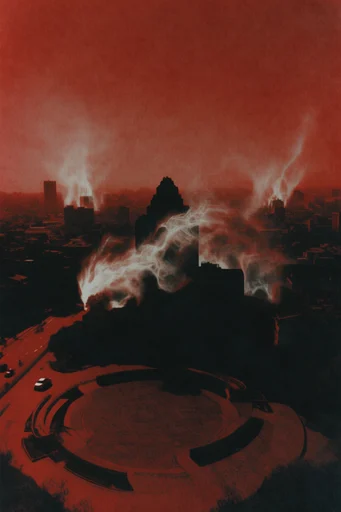 Crimson Noir Surrealism style reference image — heavy vintage film grain