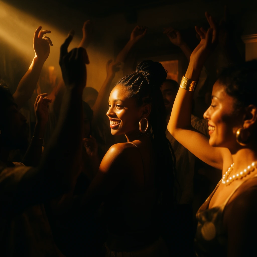 A lively crowd dancing in a dimly lit, intimate space, illuminated by a striking beam of warm golden light highlighting a central smiling woman. The woman features dark braided hair styled upwards and large metallic hoop earrings, turning joyfully to the left. Surrounding her are figures mostly obscured by deep shadow, with raised hands and arms reaching into the light. To the right, the light catches the smiling profile of another woman, a pearl necklace, and a thick gold cuff bracelet on a raised arm. The cinematic composition utilizes strong chiaroscuro, contrasting rich amber highlights against pitch-black shadows to emphasize the energetic, immersive atmosphere.