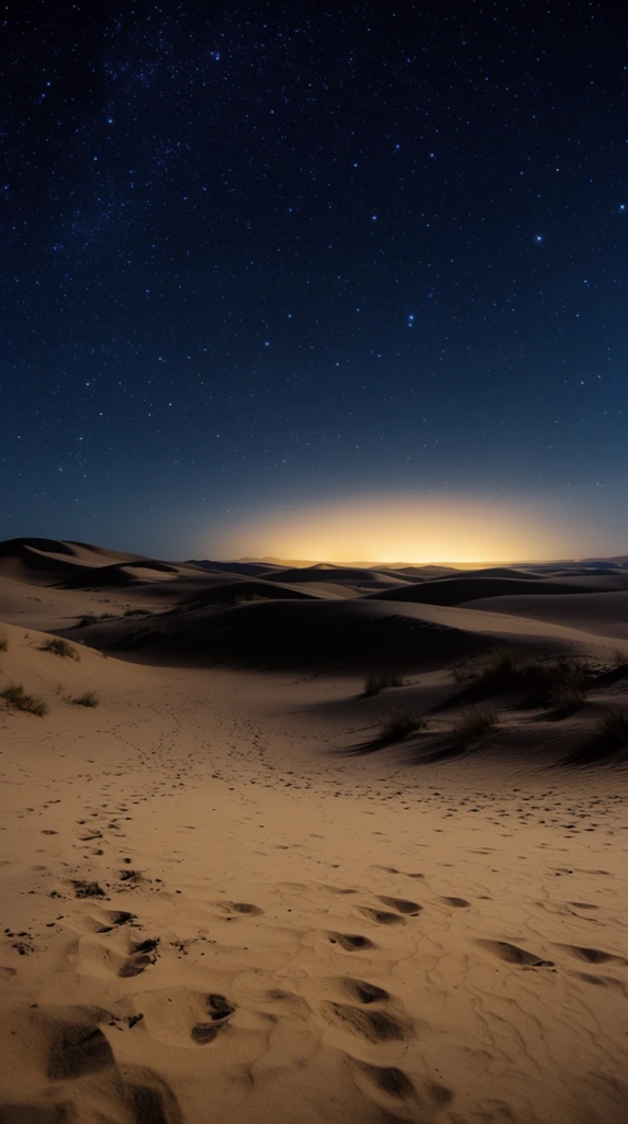 vast desert landscape under a starry night sky, deep navy blue expanse filled with bright stars, rolling sand dunes extending to a glowing golden horizon, scattered footprints pressed into the textured foreground sand, sparse tufts of dune grass on dark undulating ridges, warm tan earth contrasting with the cool dark atmosphere, wide-angle astrophotography, deep depth of field