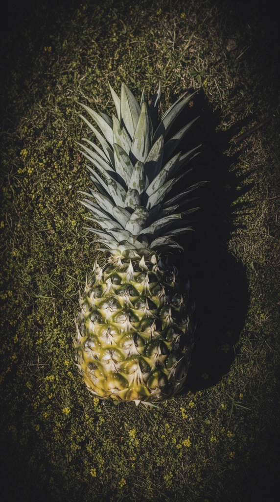 A top-down view of a whole pineapple resting on uneven ground covered in dense green moss, dry grass, and tiny yellow flora. The fruit features a textured yellow-green rind and a crown of stiff, spiky leaves. Harsh, direct sunlight from the left casts a deep, hard-edged black shadow to the right. The composition exhibits a moody, earthy color palette with a pronounced dark vignette encircling the frame, emphasizing rough organic textures.