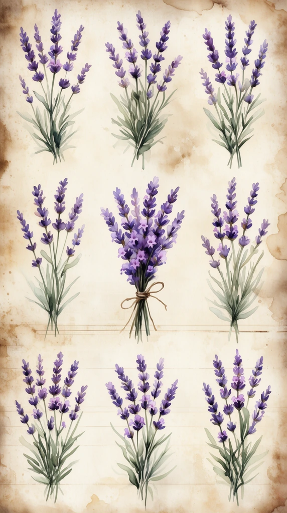 A grid of vintage watercolor botanical illustrations features blooming lavender sprigs. The purple flower spikes and slender sage-green stems are arranged in clusters, with one bundle tied by thin brown twine. Each composition is set against an antiqued parchment background displaying varied distress marks, tea-stained edges, sepia mottling, and faint horizontal lines. The delicate brushstrokes and muted, earthy color palette create a classic, rustic botanical study aesthetic.