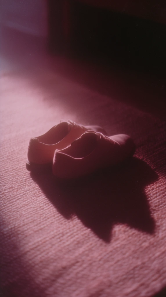 Two shoes resting on a textured rug cast a deep, elongated shadow in a softly diffused, heavily shadowed environment. The paired shoes sit together on the woven surface, illuminated by a gentle, directional light from the upper left that highlights their top edges while sending the surrounding area into heavy, rich darkness. A prominent, solid shadow stretches away from the footwear across the rug's fibers. The scene is saturated in a moody, monochromatic color palette dominated by dusty rose, muted pink, and deep burgundy tones. The visual aesthetic mimics vintage still-life film photography with an extremely shallow depth of field, melting the immediate background into a velvety, dark void. Subtle cinematic grain, dreamy atmospheric haze, glowing halation on the highlights, and painterly chiaroscuro lighting create an intimate, atmospheric, and highly textured analog film quality.