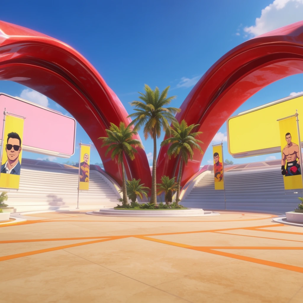 A futuristic outdoor arena plaza under a bright blue sky. Massive glossy red arches converge over a cluster of four palm trees. A vast tan paved expanse with geometric orange lines fills the foreground. Large pastel pink and yellow solid-colored screens are suspended on either side above sweeping white tiered steps. Vertical yellow banners flank the plaza, displaying stylized portraits of a sunglass-wearing man and a muscular fighter. Rendered in clean, vibrant 3D animation with stark daylight illumination and a wide-angle perspective.