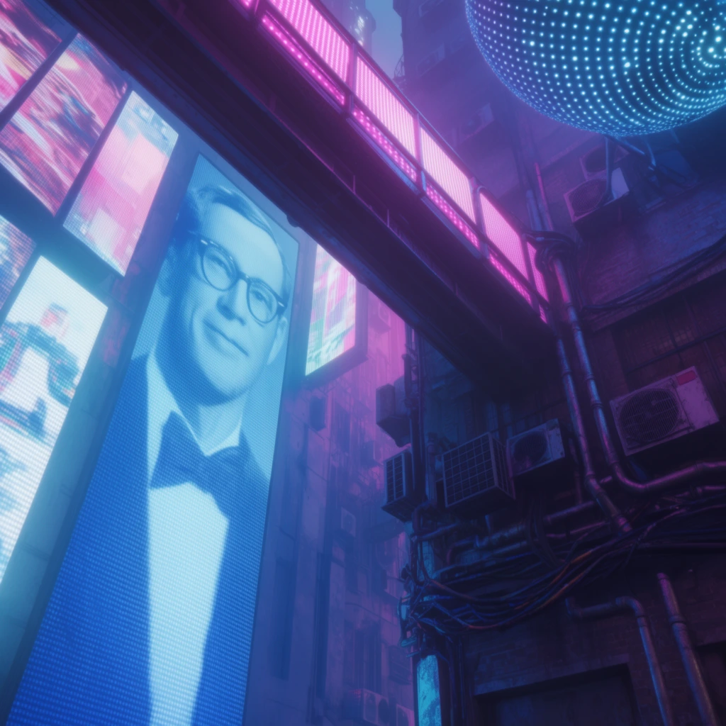 A towering, futuristic urban alleyway bathed in vibrant cyan and magenta neon light from massive electronic billboards. The low-angle perspective looks upward at the dense, claustrophobic cityscape. On the left, a colossal glowing blue screen displays a stylized, monochromatic portrait of a man wearing glasses and a bow tie alongside other brightly lit vertical panels. An intricate network of thick cables, metallic pipes, and industrial air conditioning units clings to a shadowed brick facade on the right. Spanning the narrow gap overhead is a heavy dark metal beam lined with bright pink illuminated segments. In the upper right corner, a large spherical structure composed of countless glowing blue dots hovers in the misty air. The composition emphasizes deep architectural shadows contrasting with blinding artificial light, characterized by heavy atmospheric haze, cinematic duotone color grading, and a highly detailed retro-futuristic digital art style.