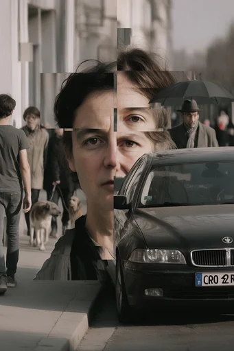 Monochrome Glitch Deconstruction style reference image — fragmented portraiture