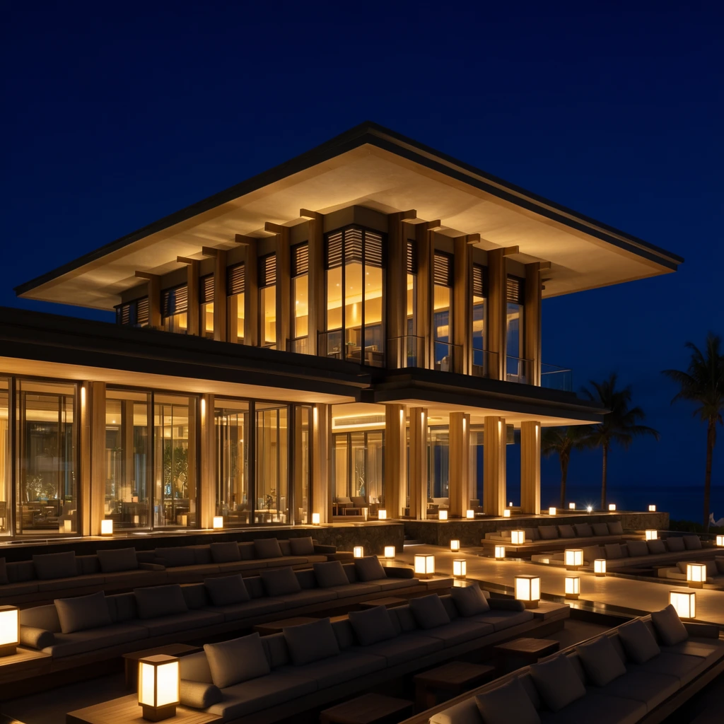 A modern, multi-tiered building is illuminated against a deep blue night sky. The structure features a large overhanging flat roof, supported by vertical wooden pillars. The interior spaces are visible through large glass windows, glowing with warm yellow light. A seating area with rows of gray cushioned benches is arranged in a tiered fashion in front of the building. Small, boxy lanterns are placed along the edges of the seating area and pathways, casting a soft, warm glow. The building appears to be part of a resort or luxury property, situated near the ocean, with a few palm trees visible in the dark background.