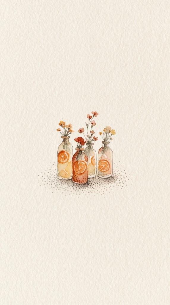 A miniature cluster of delicately rendered bottles containing small flowers and bright orange slices sits dead center within an expansive void of heavily textured, off-white cold-pressed watercolor paper. The tiny still life is illustrated with ultra-fine, slightly wavering ink outlines filled with soft, translucent watercolor washes in warm earthy tones of burnt sienna, pale ochre, and terracotta. Meticulous stippling techniques, comprising dense clusters of microscopic sepia and soft gray dots, ground the bottles and form a soft, textured base beneath them. The composition utilizes extreme minimalism, isolating the micro-scale focal point within a vast, unbroken, warm cream-colored canvas. The artistic execution emphasizes deep tactile qualities through the pronounced woven grain of the paper interacting with the fragile, pointillist shading and sparse illustrative aesthetic.
