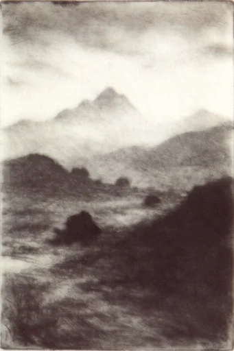 Monochrome Gothic Printmaking style reference image — aged paper texture