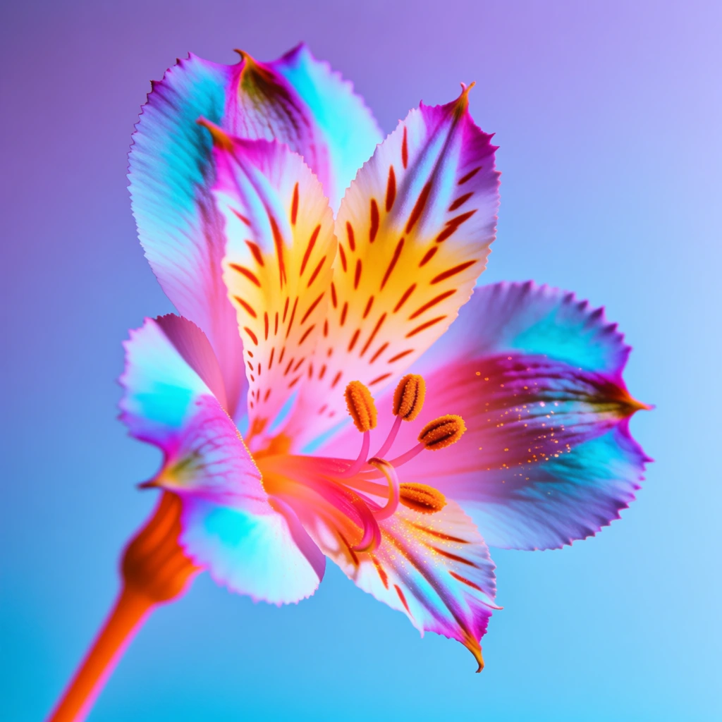 A vibrant, false-color macro photograph captures a single Alstroemeria flower in full bloom against a soft blue and purple gradient background. The flower originates from the bottom left corner on a slender, glowing orange stem that transitions into the base of the petals. The blossom features six distinct petals rendered in a psychedelic palette of neon cyan, magenta, and orange. Two upper inner petals are ivory-toned with rows of distinct, elongated orange dashes radiating from the throat of the flower. The surrounding larger petals exhibit a striking transition from deep pink near the center to a luminous cyan and violet at their ruffled edges. At the heart of the flower, several filaments reach out, topped with textured, bright orange anthers coated in pollen. Tiny, sparkling golden specks are scattered across the surface of the lower right petal. The composition is a minimalist close-up with a shallow depth of field, focusing sharply on the intricate details and textures of the flower while the background remains a smooth, featureless gradient. The lighting is bright and even, emphasizing the high-contrast, surreal color scheme that resembles infrared photography or digital color manipulation.