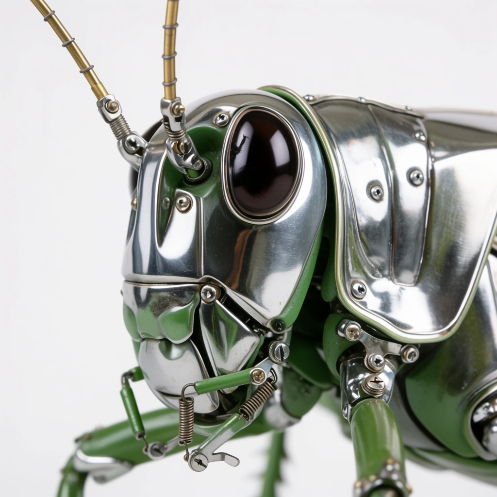 A close-up profile of a mechanical grasshopper sculpture against a solid white background. The insect head features polished silver metal plates riveted over a matte green structural base. A large, dark, glass-like eye sits within a prominent circular chrome socket. Two antennae project upwards, constructed from silver clamps, brass tubes, and thin wires. The complex mouthparts and front legs are assembled from bent steel components, exposed screws, and small tension springs. Bright studio lighting casts sharp highlights and smooth reflections across the highly polished metallic surfaces.