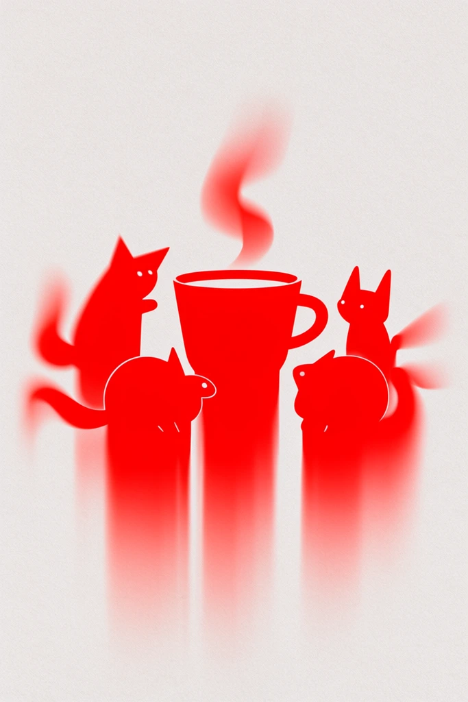A minimalist flat-vector illustration of a central cup with steam surrounded by doodle creatures, rendered entirely in stark crimson silhouettes that bleed into a grainy off-white background. The composition centers on the vibrant, monochromatic red cup and the playfully shaped creature silhouettes, all featuring sharp, clean upper geometric contours. The bottom edges of the cup and the surrounding doodle creatures dissolve downward into elongated, vertically smeared color streaks that smoothly gradient into the pale negative space. The ascending steam and the outermost extremities of the doodle creatures stretch outward with a soft, curving directional motion blur, fading seamlessly into the textured canvas. The environment consists solely of expansive, lightly grained off-white paper texture, providing intense high contrast to the vibrant red forms. The visual style combines striking graphic simplicity with ethereal, bleeding color-drag rendering techniques and precise two-tone color blocking.