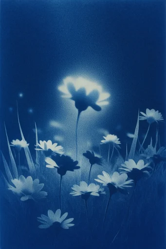 Ethereal Indigo Cyanotype style reference image — cosmic surrealism