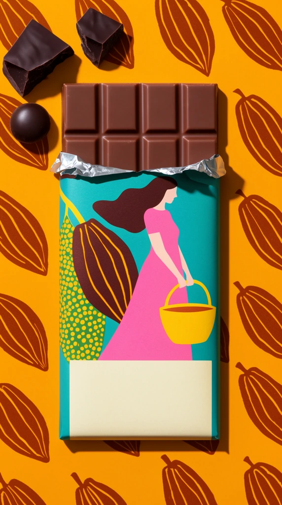A top-down flat-lay of a partially unwrapped chocolate bar on a bright mustard-orange surface patterned with stylized brown cacao pods. The exposed top reveals a grid of molded chocolate segments. The vibrant wrapper features a graphic illustration of a woman with flowing hair in a pink dress carrying a yellow basket against a teal background with a large brown botanical pod and dotted yellow leaf, ending in a blank cream-colored rectangular block at the base. Three loose dark chocolate pieces—two jagged chunks and one smooth sphere—rest in the upper left corner. Crisp directional studio lighting casts sharp drop shadows to the right, creating a high-contrast graphic composition.