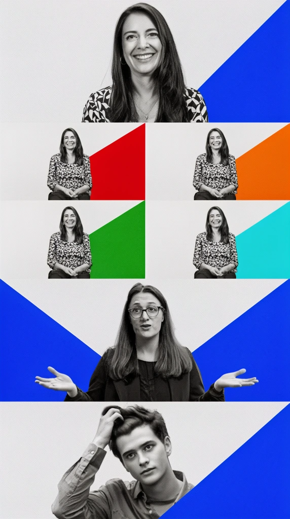 A multi-panel layout combining high-contrast black-and-white portrait photography with bold, flat geometric color overlays and a uniform halftone dot-matrix texture. The top banner features a smiling woman bordered by a sharp diagonal blue polygon. Below is a two-by-two grid showing four identical portraits of a seated woman in a patterned top, each framed by right-aligned angular blocks in red, orange, green, and cyan. The third section displays a woman wearing glasses gesturing outwards with open palms, flanked by large blue triangles. The bottom panel captures a young man running a hand through his hair, accented by a blue geometric shape. The graphic design blends modern broadcast aesthetics with retro print textures.