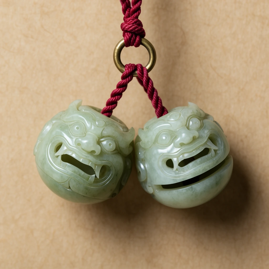 Two pale green jade bells carved into grinning demonic faces hang from a twisted crimson cord looped through a small brass ring. The intricate spherical ornaments feature bulging eyes and wide mouths with sharp fangs, with a horizontal acoustic slit on the bottom bell. Isolated against a textured tan paper background, the still life uses soft lighting to highlight the smooth stone and cast delicate drop shadows.
