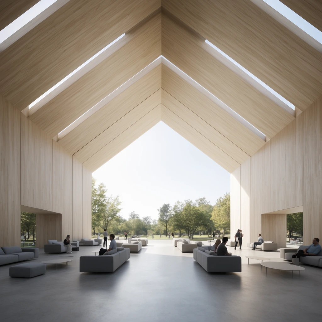 symmetrical modern hall interior, high gabled ceiling clad in light wood panels, massive house-shaped opening revealing a bright outdoor park, natural daylight, skylight slits, scattered gray lounge sofas, minimalist tables, small groups of people conversing, wide-angle perspective, architectural visualization, airy minimalist design
