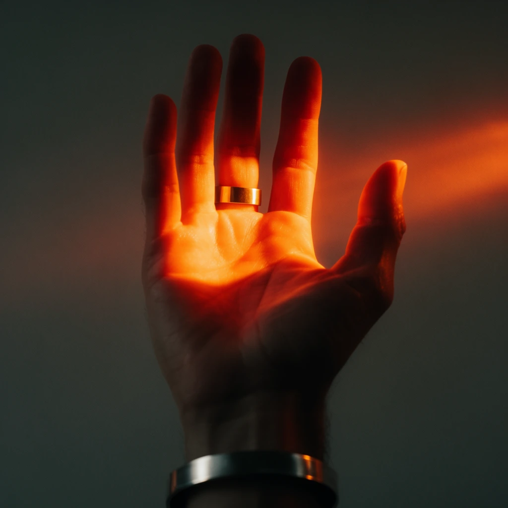 A raised human hand glows intensely under a concentrated beam of fiery orange light against a dark, muted gray background. The outward-facing palm features a wide gold ring on the middle finger and a silver cuff on the wrist, the skin exhibiting luminous subsurface scattering. Cinematic photography captures deep shadows and a shallow depth of field, emphasizing the dramatic, moody contrast.