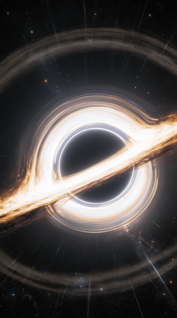 massive black hole in deep space, perfect spherical dark void at the center, blindingly bright white and warm gold accretion disk, intense gravitational lensing bending luminous rings over and under the central sphere, dynamic sweeping motion of glowing plasma, faint concentric outer dust lanes, radial light streaks stretching outward, deep cosmic background scattered with faint distant stars, hyper-realistic astrophotography, high contrast lighting, awe-inspiring cosmic scale, cinematic space vista