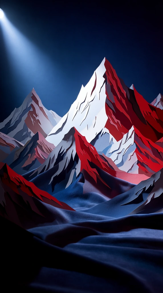 A sprawling mountain range with several towering peaks reaching into the sky, filling the entire background, constructed as a highly theatrical miniature diorama set. The jagged mountains are crafted from layered, flat two-dimensional paper cutouts with sharp, scissor-sculpted edges, arranged in a staggered composition to create forced depth. A smooth, deep navy blue studio backdrop serves as the sky, heavily vignetted to a pitch-black perimeter. A single, intense, cool-toned theatrical spotlight beams diagonally from the upper left, brightly illuminating the stark white and vibrant crimson red paper surfaces of the high peaks while casting harsh, elongated, deep blue shadows across the lower slopes. The base elevations consist of smooth, gently draped fabric forming velvety folds and undulating terrain, contrasting with the matte, rigid textures of the papercraft summits. The cinematic, high-contrast lighting enhances the surreal set-design aesthetic, captured with sharp macro focus and a moody, nocturnal atmosphere.