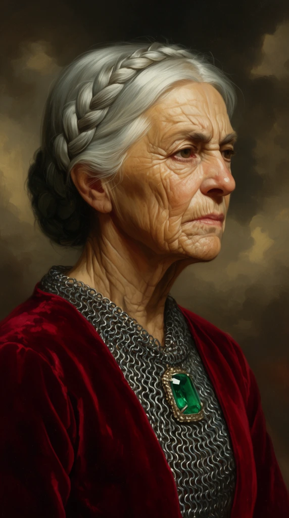 A classical oil portrait of a stern elderly woman with braided silver hair in three-quarter profile. She wears crimson velvet over silver chainmail with a large emerald. Chiaroscuro lighting and a moody, earth-toned cloudy background emphasize her deep facial wrinkles.