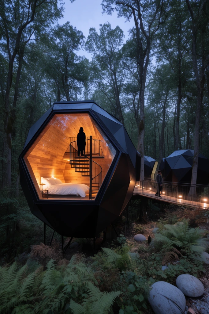 A geometric, multi-faceted black metal pod cabin stands in a dense forest of tall trees at twilight. The primary structure features a massive polygonal window revealing a glowing wood-paneled interior with a white bed and a spiral staircase where a silhouetted figure stands. The cool ambient dusk light contrasts sharply with the warm amber glow radiating from inside. In the background, similar black pods connect via an elevated wooden walkway illuminated by inset path lights, where a second figure walks. The forest floor below features lush ferns, undergrowth, and scattered smooth gray stones.