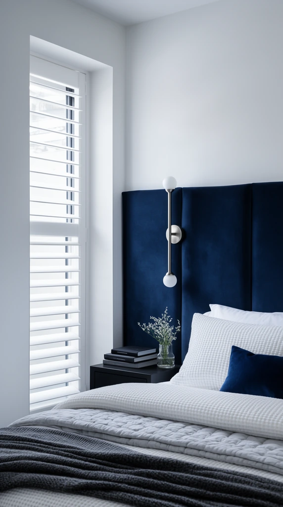 A contemporary bedroom corner highlighting a plush navy blue velvet paneled headboard against crisp white walls. The bed is styled with deeply textured layers, featuring a white waffle-knit pillow, a matching coverlet, a light grey quilted blanket, and a dark grey knitted throw draped across the bottom. A small rectangular navy velvet pillow accents the pristine white bedding. Beside the bed, a minimalist black nightstand holds a stack of dark hardcover books and a small clear glass vase filled with delicate white sprigs. A slender, vertical brushed metal wall sconce with frosted spherical glass bulbs at both ends is mounted directly above the nightstand. Cool, diffused natural light enters through a narrow, recessed window framed by white plantation shutters on the left, casting soft shadows that emphasize the rich tactile contrast between the smooth glass, ribbed textiles, and matte velvet.