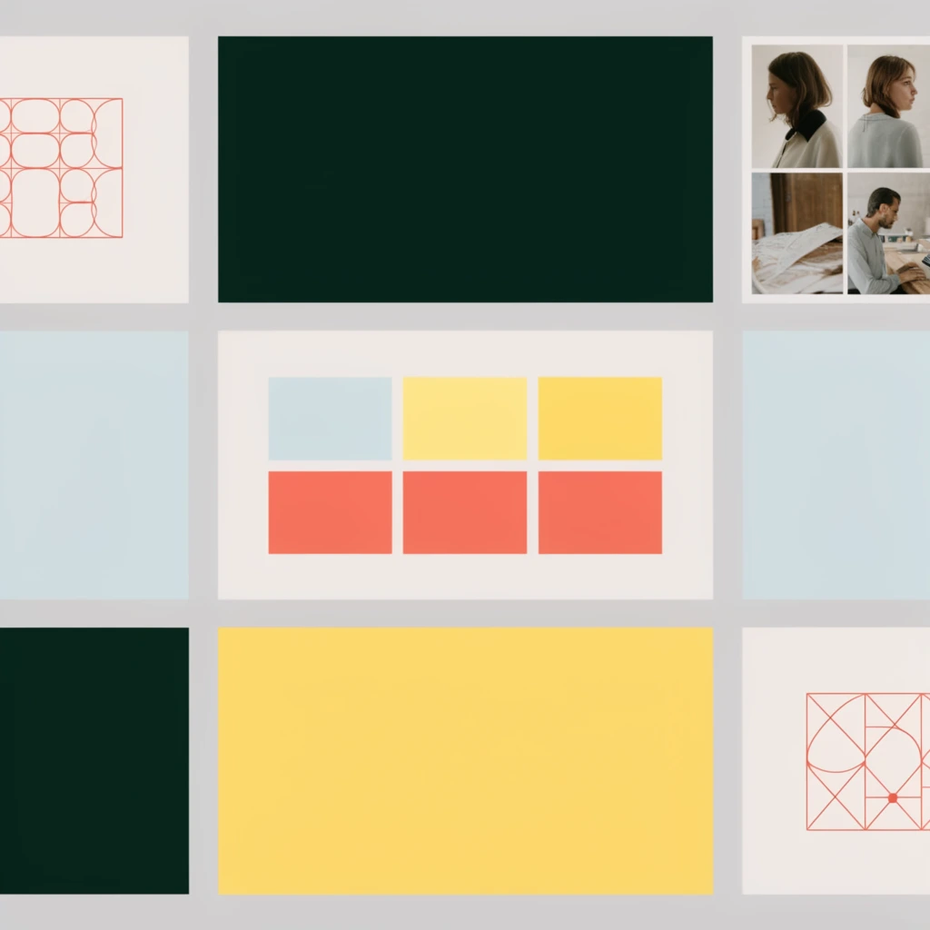 grid of minimalist slides, solid color blocks of dark green pale blue yellow and off-white, coral red geometric diagrams, rectangular color swatches, inset photo grids, clean flat design