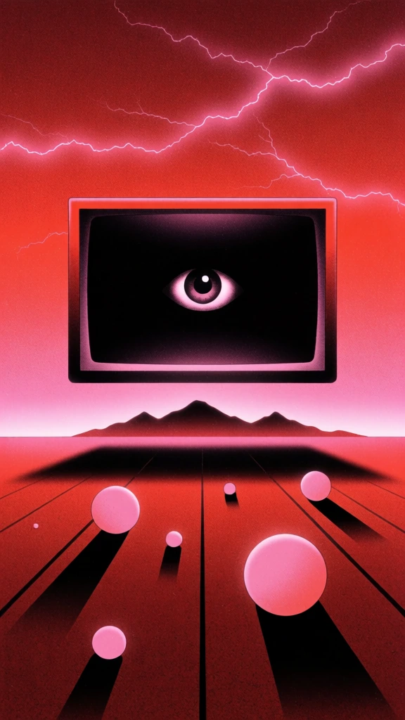 A surreal, retro-futuristic digital illustration features a large, rectangular chrome-framed monitor floating in the center of a red-tinted landscape, displaying a single, hyper-realistic human eye against a black background. The monitor is positioned above a dark, silhouetted mountain range that spans the midground, set against a vibrant pink horizon. In the immediate foreground, a series of pinkish-red spheres of varying sizes rest on a flat, reddish surface marked with dark, vertical perspective lines resembling floorboards. Each sphere casts a distinct, elongated black shadow toward the bottom of the frame. The sky above is a deep, saturated red, filled with a bright, glowing haze concentrated behind the monitor. Across the top of the image, jagged, electric-pink energy lines sprawl like lightning against the dark upper atmosphere. The entire scene is rendered with a heavy, grainy texture, characteristic of a lo-fi or vaporwave aesthetic, utilizing a high-contrast color palette of reds, pinks, and blacks to create a mysterious and atmospheric composition.