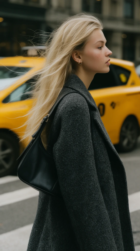 young woman in profile, long blonde hair blowing in the wind, textured charcoal grey wool coat, black leather shoulder bag, shallow depth of field, softly blurred bright yellow taxi cab in background, asphalt crosswalk, natural overcast daylight, cinematic street fashion photography