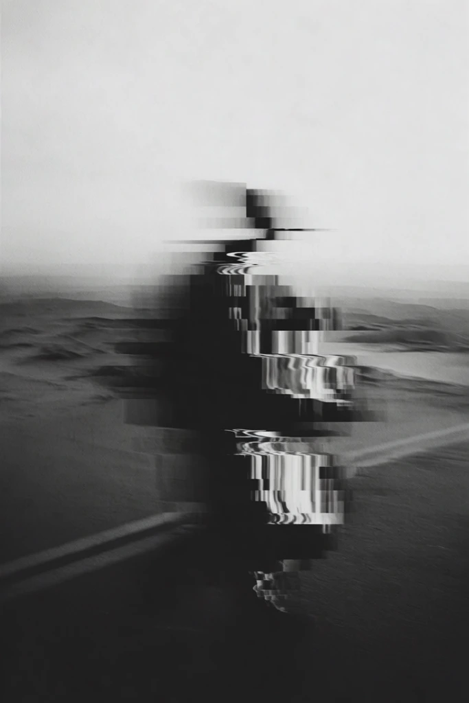 Monochrome Glitch Surrealism style AI image example 2