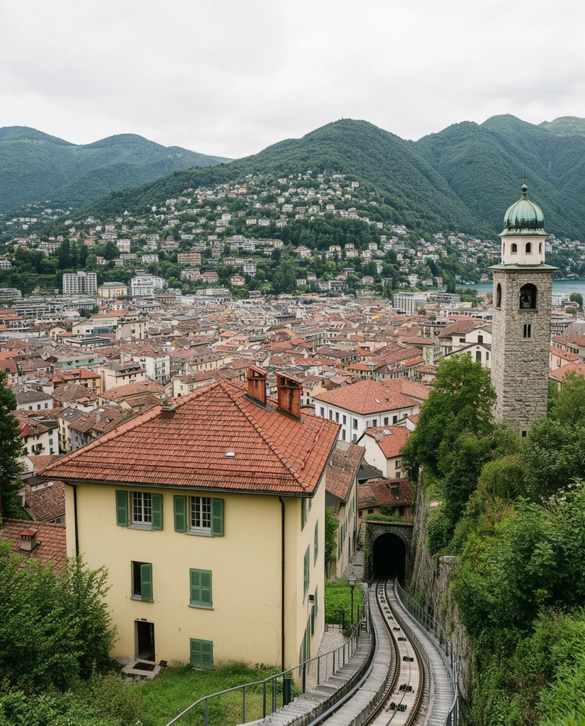 An elevated wide-angle landscape of a dense European city nestled among steep green mountains under a diffuse overcast sky. A pale yellow building with green shutters and a red terracotta roof anchors the foreground beside a steep funicular railway curving downward into a stone tunnel. On the right stands a tall stone bell tower capped by a weathered green copper dome. Tightly packed historical buildings with terracotta roofs fill the midground valley, stretching toward a distant lake. The background features rolling forested mountains heavily dotted with white houses ascending the slopes. Captured with deep depth of field and natural lighting, emphasizing an earthy palette of terracotta, lush greens, and soft grays.