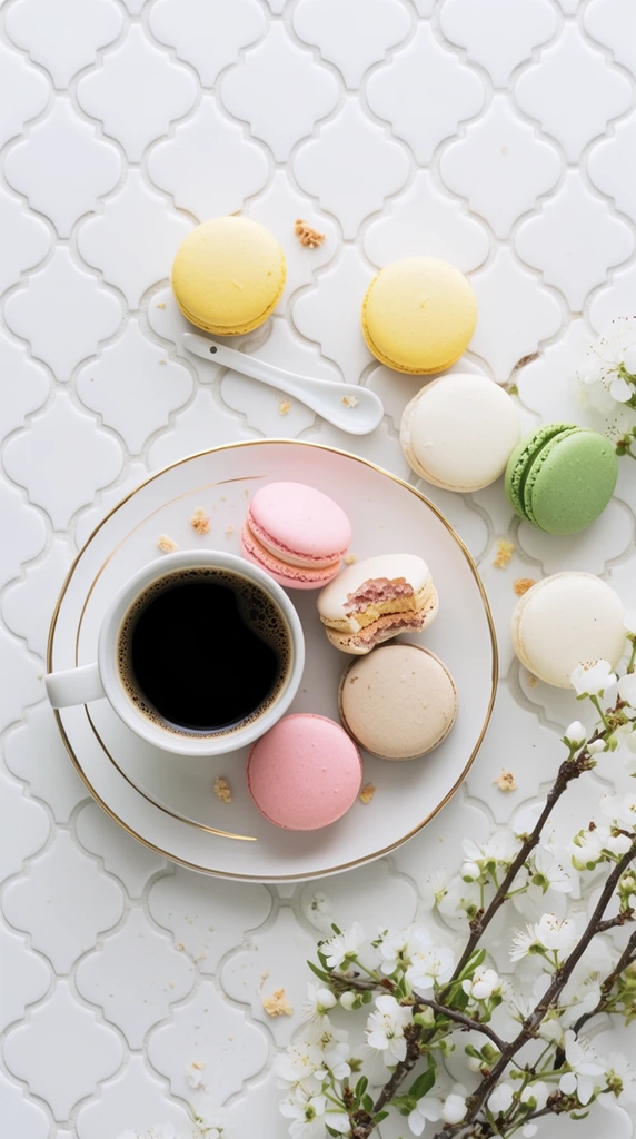 Overhead flat lay of pastel macarons, black coffee, and blooming white branches on a white quatrefoil tile surface. A gold-rimmed plate holds a cup of coffee and bitten pink and beige macarons. Loose yellow, green, and white macarons scatter alongside a white ceramic spoon. White blossoms frame the bottom right. Crumbs dot the bright, soft-lit scene.