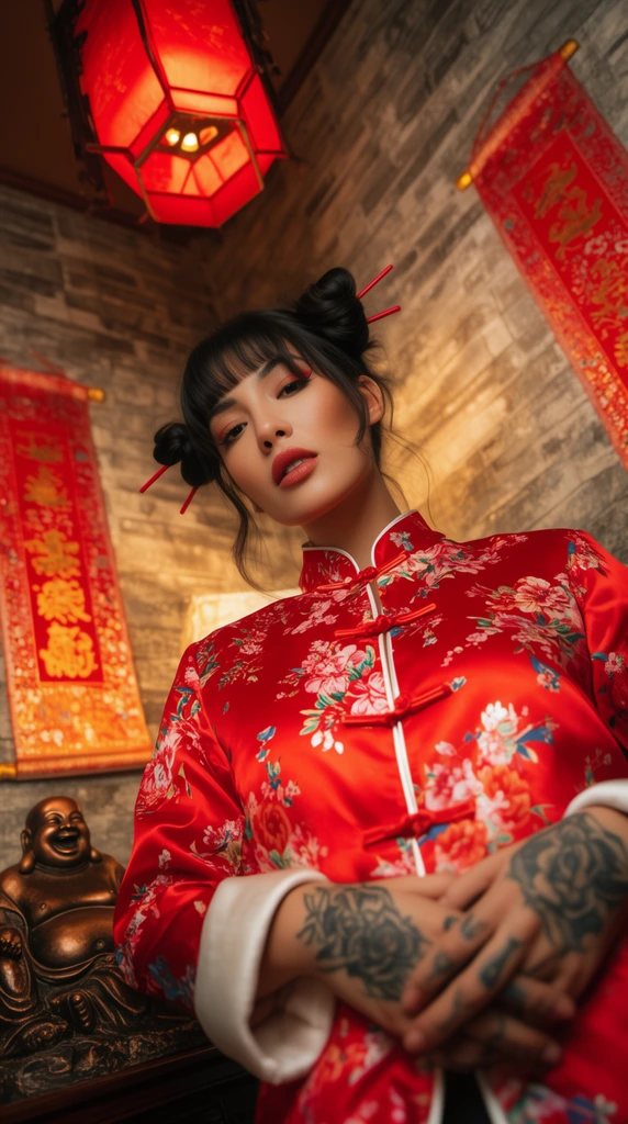 A low-angle portrait of a woman looking down at the camera, her hair styled in double buns pinned with red sticks. She wears a vibrant red floral silk jacket with white trim and has dark tattoos on her clasped hands. The warm-lit background features a textured grey brick wall, a bronze laughing Buddha statue, framing red decorative banners, and a hanging red hexagonal lantern. The dynamic, slightly tilted composition highlights the striking red and warm tones.